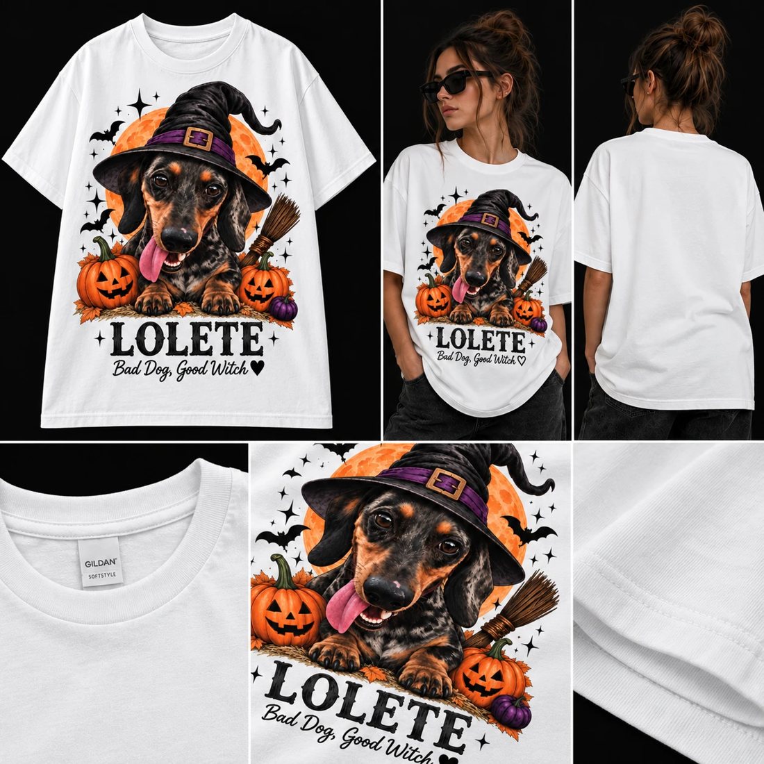 Woman wearing the white THE WITCH t-shirt personalised with a dog